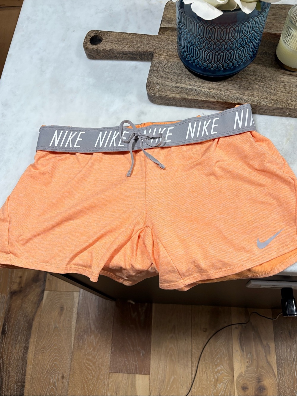 Nike Women's Coral Athletic Shorts with Grey Logo Waistband